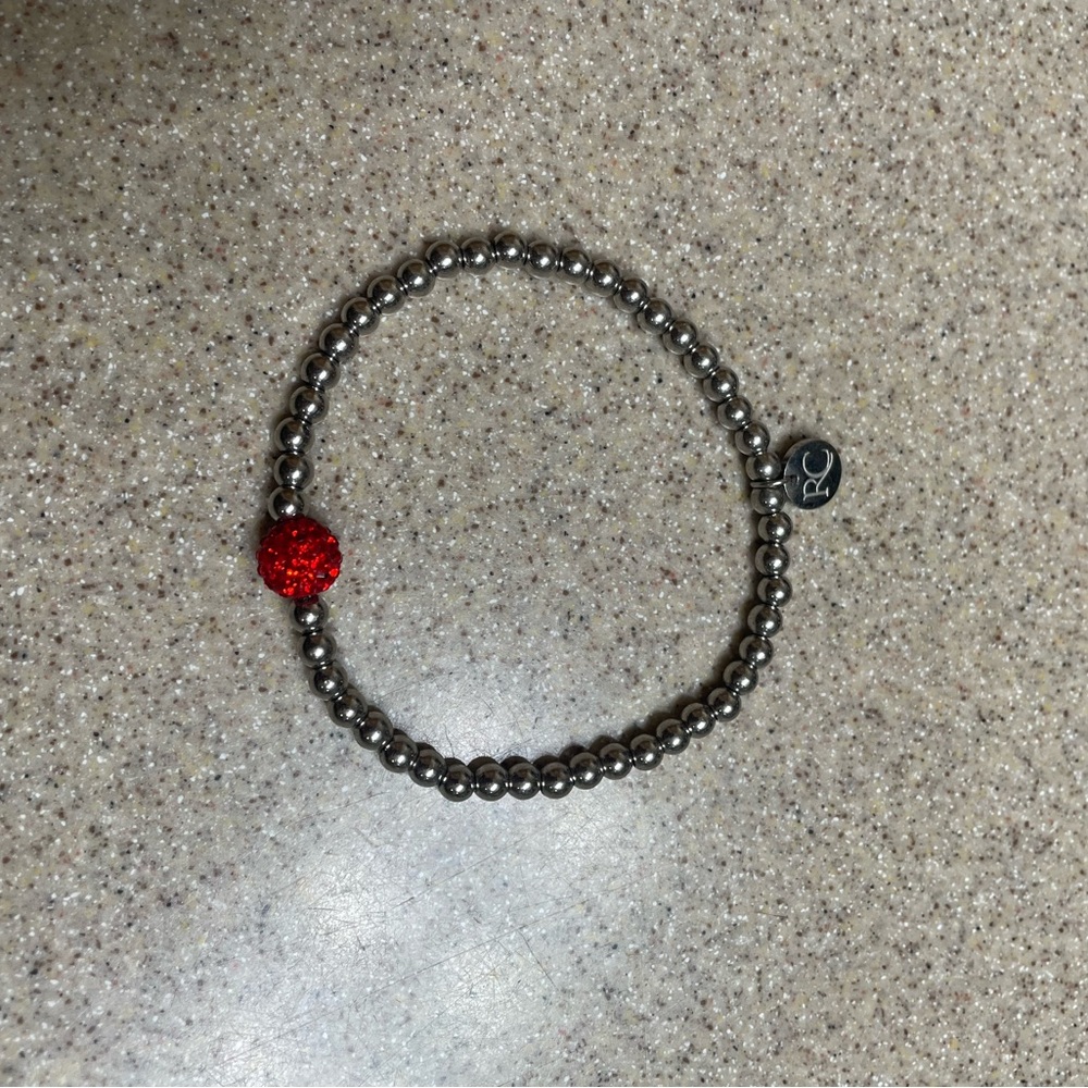 Rustic Cuff Silver Beaded Bracelet with Red Sparkle Charm